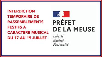 Arrêté n°2020-1454 du 17 juillet 2020 portant interdiction temporaire de rassemblements festifs à caractère musical dans le département de la Meuse